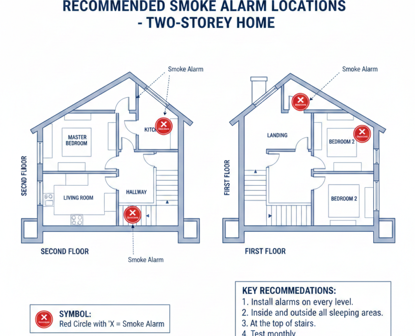 diagram of a two-storey home showing recommended smoke alarm locations.