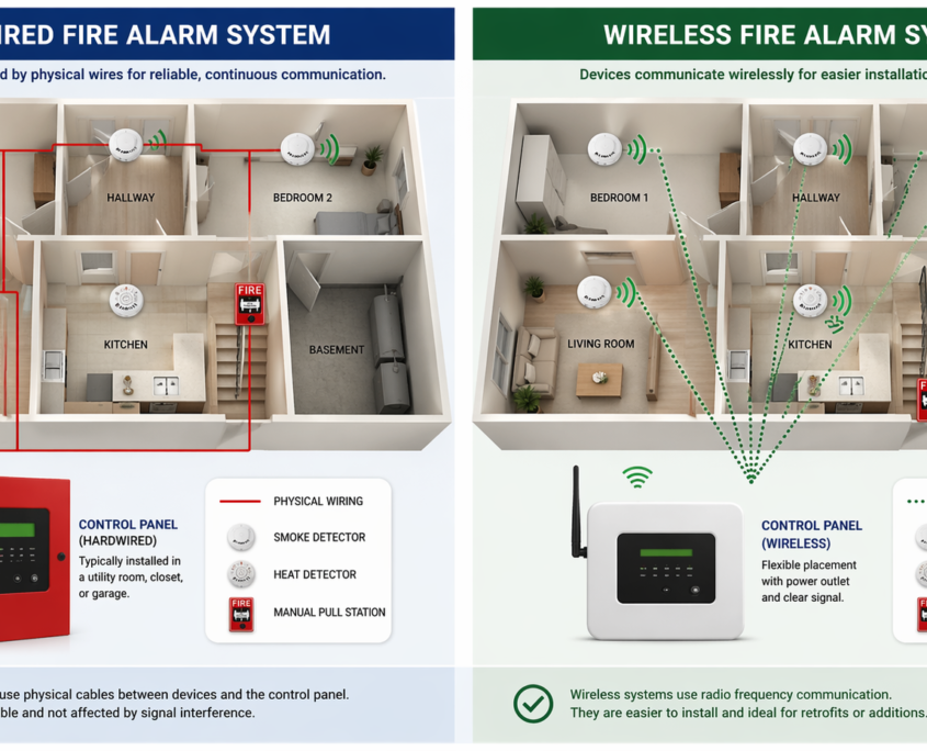 Side-by-side visual of hardwired vs wireless residential fire alarm setup.