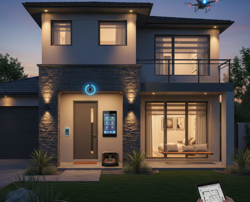 Smart home exterior with advanced security and automation technology, including surveillance systems, drone monitoring, smart entry controls, and remote home management via tablet.