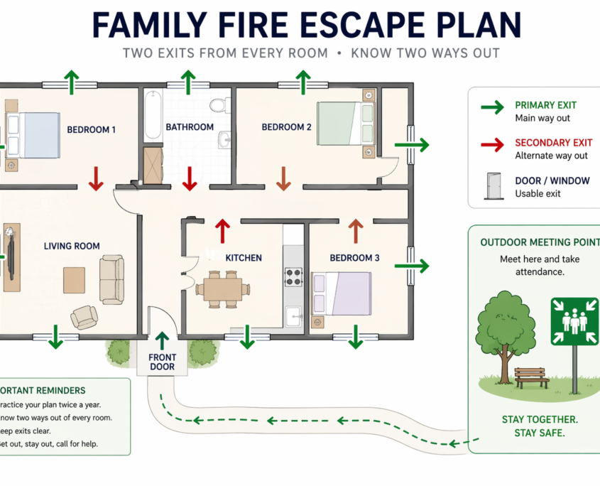 Simple family fire escape plan graphic with two exits per room and outdoor meeting point.