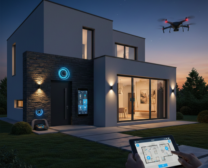 Modern smart home with integrated security and automation system featuring surveillance devices, smart controls, drone monitoring, and remote home management via tablet.