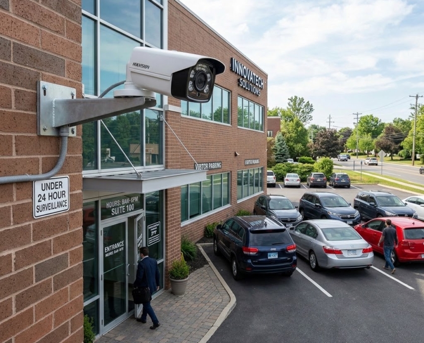 Commercial security camera monitoring the entrance and parking lot of an office building