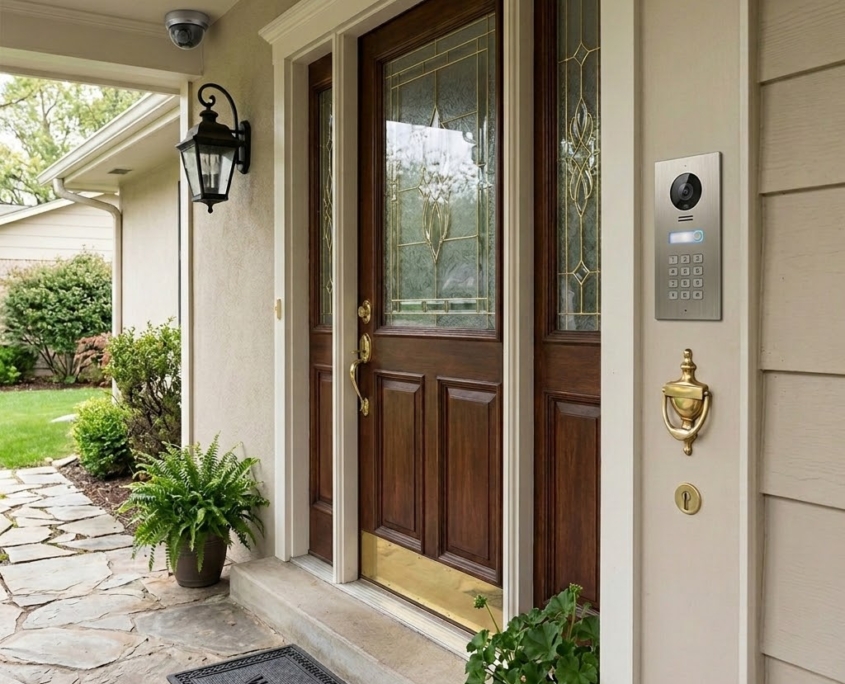 Smart home entry security system with video intercom, access control keypad, and front door surveillance camera