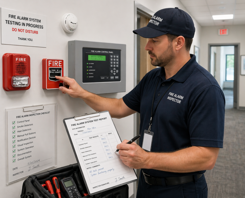 Fire alarm inspector testing a commercial fire alarm system and completing an inspection checklist