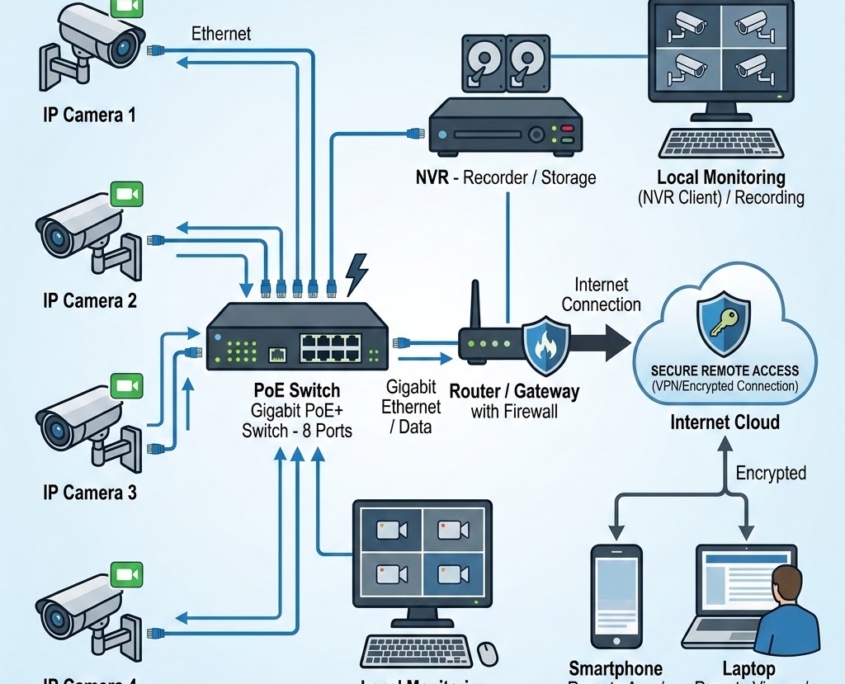 IP CCTV surveillance system architecture with PoE switch, NVR recorder, router, cloud access, and remote monitoring devices