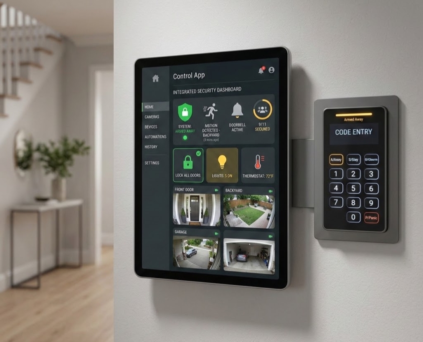 Residential smart home security system with wall-mounted control panel, keypad, cameras, and alarm controls