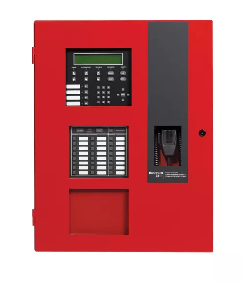 Red fire alarm control panel with display, keypad, and emergency phone module