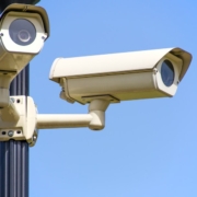 A commercial security camera outdoors.