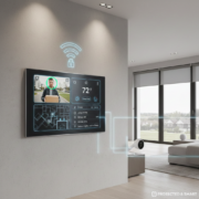Smart home security and automation control panel managing surveillance cameras, temperature settings, lighting, and connected devices in a modern home interior.