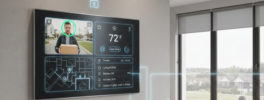 Smart home security and automation control panel managing surveillance cameras, temperature settings, lighting, and connected devices in a modern home interior.