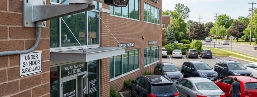 Commercial security camera monitoring the entrance and parking lot of an office building
