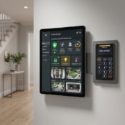 Residential smart home security system with wall-mounted control panel, keypad, cameras, and alarm controls