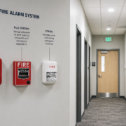 Fire alarm inspector testing a commercial fire alarm system and completing an inspection checklist