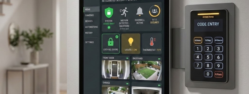 Residential smart home security system with wall-mounted control panel, keypad, cameras, and alarm controls