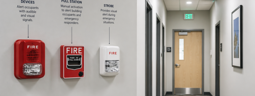 Fire alarm inspector testing a commercial fire alarm system and completing an inspection checklist